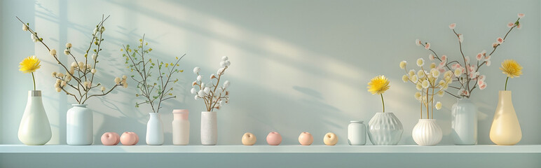 Spring blossom display on shelf: Elegant row of vases with spring flowers and branches on a sunlit shelf