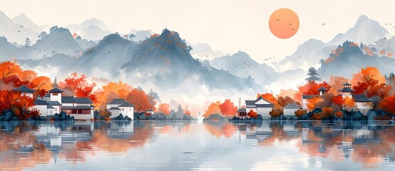 A traditional Chinese landscape painting capturing the serene and harmonious essence of autumn with distant mountains, mist, ancient architecture, and a lake 1.