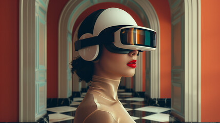 Futuristic woman with vr headset in retro setting: Stylish woman models a virtual reality headset, blending modern technology with vintage aesthetics