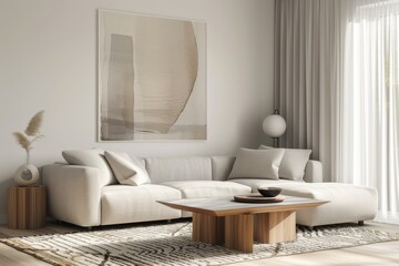 A sleek Scandinavian living room featuring a light grey sofa, a modern geometric coffee table, and a large abstract painting on the wall. Natural light streams through sheer curtains.