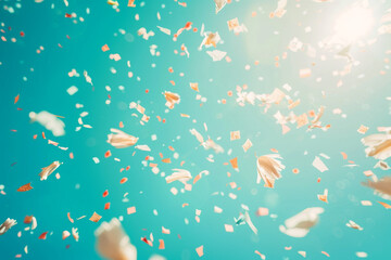 Gentle confetti drift on a bright cerulean background, mimicking a clear sky celebration in ultra-high definition.