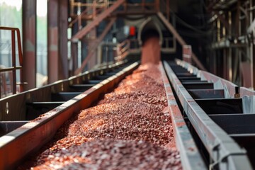 Potash fertilizer moving along a conveyor belt in an industrial manufacturing plant - 811149394