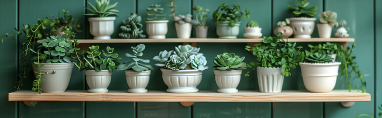 Serene indoor plant shelf display: Elegantly arranged succulents and plants on wooden shelves against a green backdrop