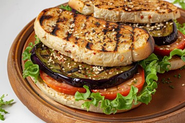 Yummy North African Sandwich with Kesra Bread, Grilled Eggplant, and Spicy Harissa Spread