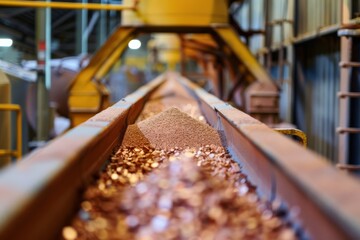 Potash fertilizer moving along a conveyor belt in an industrial manufacturing plant - 811149706
