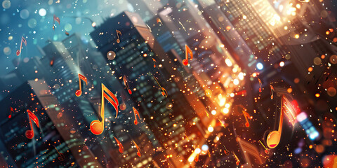 Cityscape Symphony: Music Notes Floating in the Air Against a Background of Skyscrapers and Urban Lights