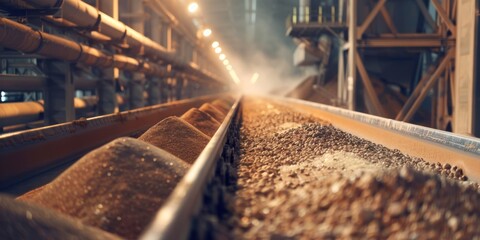Potash fertilizer moving along a conveyor belt in an industrial manufacturing plant - 811149753