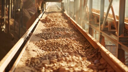 Potash fertilizer moving along a conveyor belt in an industrial manufacturing plant - 811149770