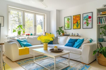 A vibrant Scandinavian living room with pops of color from blue cushions on a white sofa, yellow...