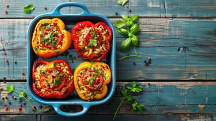 A delicious dish of stuffed peppers in a blue casserole dish, perfect for food blogs or recipe...