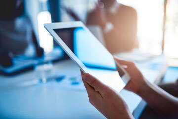 Corporate, tablet and hands of business people in meeting for planning, online networking and internet. Mockup screen, teamwork and person on digital tech for research project, website and report