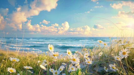 Daisies blossoming among coastal grasses on a sandy beach, with the sun shining brightly overhead and the calm ocean stretching toward the horizon. Summer background - 811149972