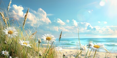 Summer background, daisies bloom on a sandy beach under a bright summer sky. Sunlight warms sea grasses and wildflowers. Ocean waves lap at the shore, creating a tranquil coastal scene - 811150112