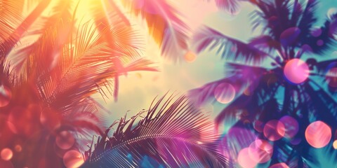 Summer background, vivid tropical scene with palm tree silhouettes, bathed in warm sunset glow and enhanced by colorful bokeh light effects - 811150118