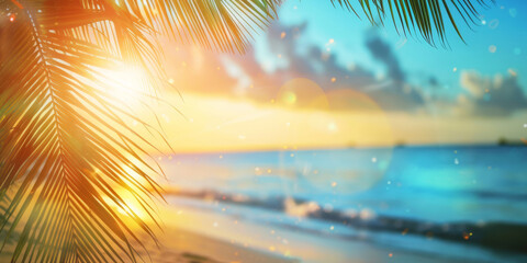 Vibrant summer sunset over a tropical beach, with palm leaves framing the scene and sunlight reflecting off the water, summer background with copy space - 811150129