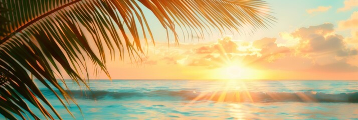 Summer background with tropical sunset overlooking the ocean with palm leaves. The atmosphere is magical, embodying the tranquil, dreamy allure of a tropical paradise - 811150141