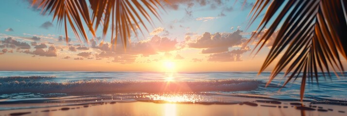 Summer background with tropical sunset overlooking the ocean with palm leaves. The atmosphere is magical, embodying the tranquil, dreamy allure of a tropical paradise - 811150143