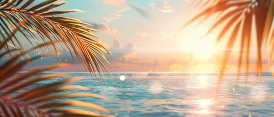 Summer background with tropical sunset overlooking the ocean with palm leaves. The atmosphere is magical, embodying the tranquil, dreamy allure of a tropical paradise - 811150162