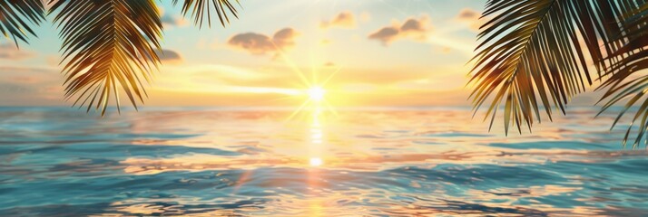 Summer background with tropical sunset overlooking the ocean with palm leaves. The atmosphere is magical, embodying the tranquil, dreamy allure of a tropical paradise - 811150163