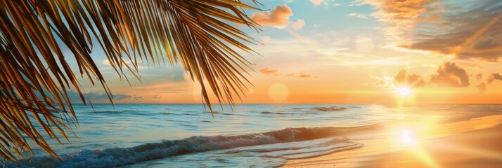 Summer background with tropical sunset overlooking the ocean with palm leaves. The atmosphere is magical, embodying the tranquil, dreamy allure of a tropical paradise - 811150166