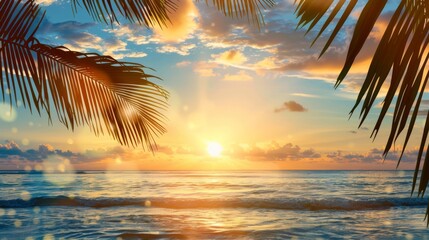 Summer background with tropical sunset overlooking the ocean with palm leaves. The atmosphere is magical, embodying the tranquil, dreamy allure of a tropical paradise - 811150175
