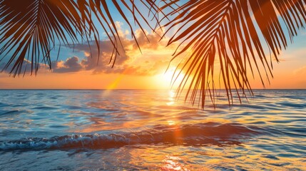 Summer background with tropical sunset overlooking the ocean with palm leaves. The atmosphere is magical, embodying the tranquil, dreamy allure of a tropical paradise - 811150195