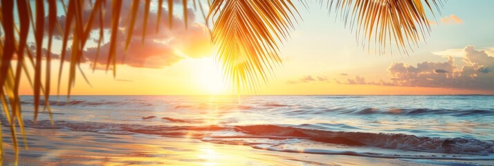 Summer background with tropical sunset overlooking the ocean with palm leaves. The atmosphere is magical, embodying the tranquil, dreamy allure of a tropical paradise - 811150197