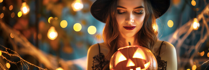 Halloween background with a witch costume woman holds a glowing jack-o-lantern. With a wide-brimmed hat, dark lipstick, spider webs, and soft orange lights, she embodies a playful Halloween mystery - 811150322