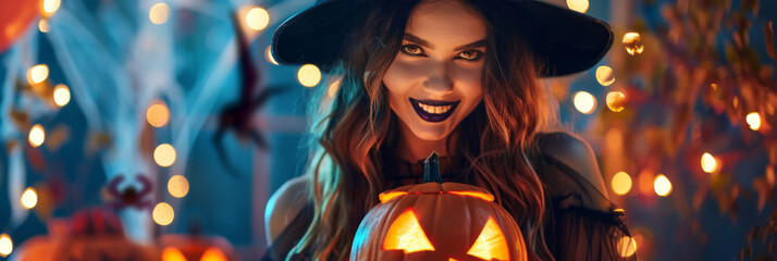 Halloween background with a witch costume woman holds a glowing jack-o-lantern. With a wide-brimmed hat, dark lipstick, spider webs, and soft orange lights, she embodies a playful Halloween mystery - 811150336