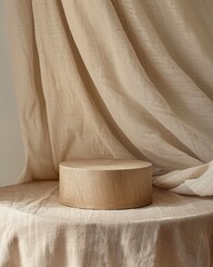 A minimalist wooden pedestal on beige fabric backdrop. The round product podium, a simple elegant platform for displaying products or decorations - 811150343