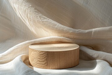 A minimalist wooden pedestal on beige fabric backdrop. The round product podium, a simple elegant...