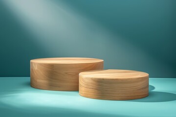 Wooden pedestal platform for product display on a teal background with shadows - 811150501
