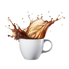 PNG white cup of tea or coffee with splashes, isolated realistic illustration