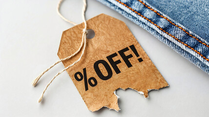 Close-Up View of Discount Tag with Torn Edge Next to Denim Clothing Indicating Sale Offer. Generative AI image.