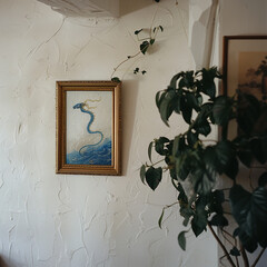 Beautiful small blue gentle dragon painting with gold frame near the ceiling