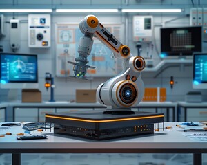Engineering and robotics display featuring a podium with a robotic arm and engineering tools, set in a hightech development lab with schematics and monitors