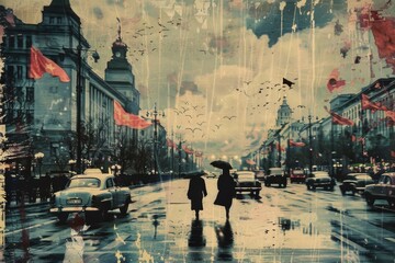 Obraz premium A woman walking in the rain with an umbrella. Suitable for weather and lifestyle concepts