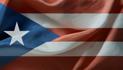 Close-up of blue, white and red national flag of country of Puerto Rico with white star.