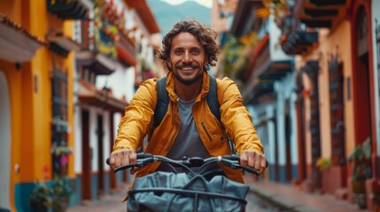 Cyclist man smiles at camera while riding his bike on the street in Colombia.
