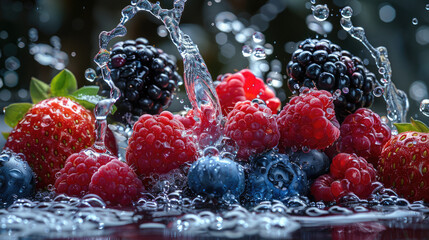A bunch of berries are splashing in water. The berries include blueberries and raspberries - Powered by Adobe