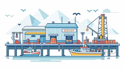 Fototapeta premium Icon of a seafood processing plant on a coastal pier, with fishing boats docking and workers handling fresh catch