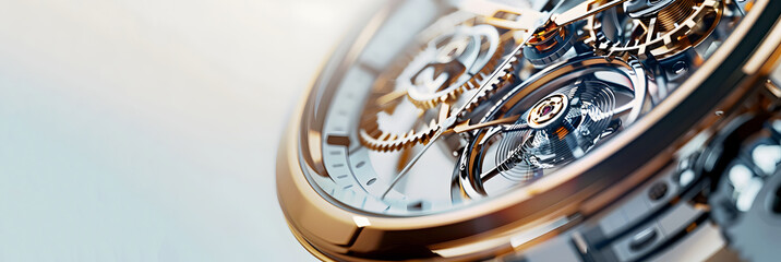 a gleaming silver pocket watch rest nearby, capturing a time capsule of business and creative minutes, futuristic watch with space for text banner