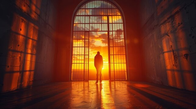 Image of a person stepping out of a jail into the sunrise, symbolizing new beginnings and freedom