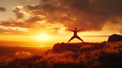 An inspiring silhouette of a person performing the warrior pose (Virabhadrasana) on a hilltop, with the first light of dawn illuminating the horizon behind them. Dynamic and dramat