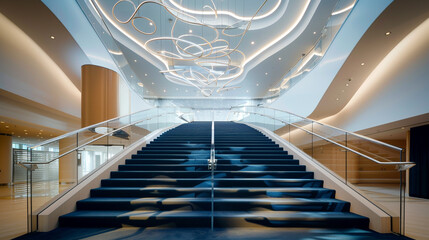 Luxury foyer with cerulean carpeted stairs featuring glass banisters and a high ceiling with modern...