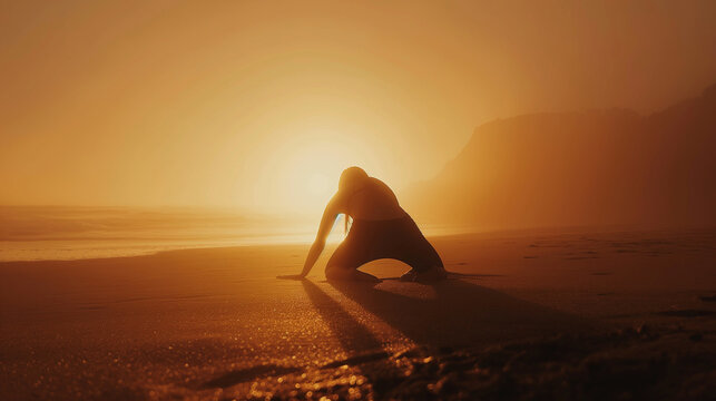 A captivating silhouette of a person practicing the downward-facing dog pose (Adho Mukha Svanasana) on a sandy beach, with the soft glow of morning light enveloping them. Dynamic a