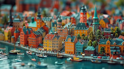 Tilt-shift miniature-style photo of a colorful model cityscape with various buildings and trees. Urban planning and architecture concept.  - Powered by Adobe