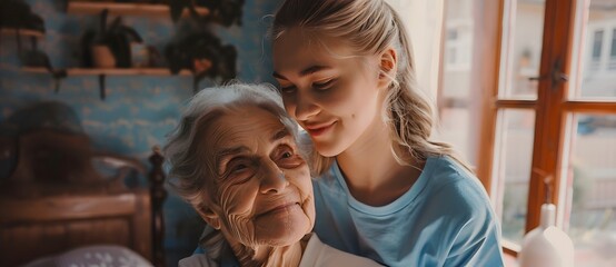 Tender moment between a young woman and her elderly grandmother in a cozy home setting, reflecting love and care 1.