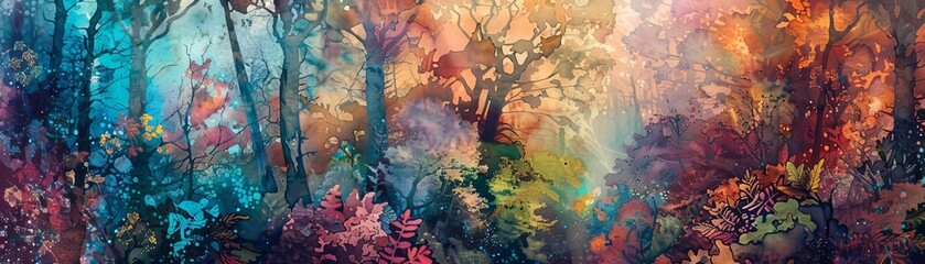 Capture a mystical forest revealing hidden thoughts through a macro lens, blending surreal colors in a watercolor style, offering an aerial twist for a captivating exploration