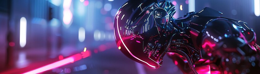 Capture a sleek, metallic exoskeleton in a dynamic breakdance move, reflecting neon lights in a digital world Showcase sharp angles and reflections for a cyberpunk feel